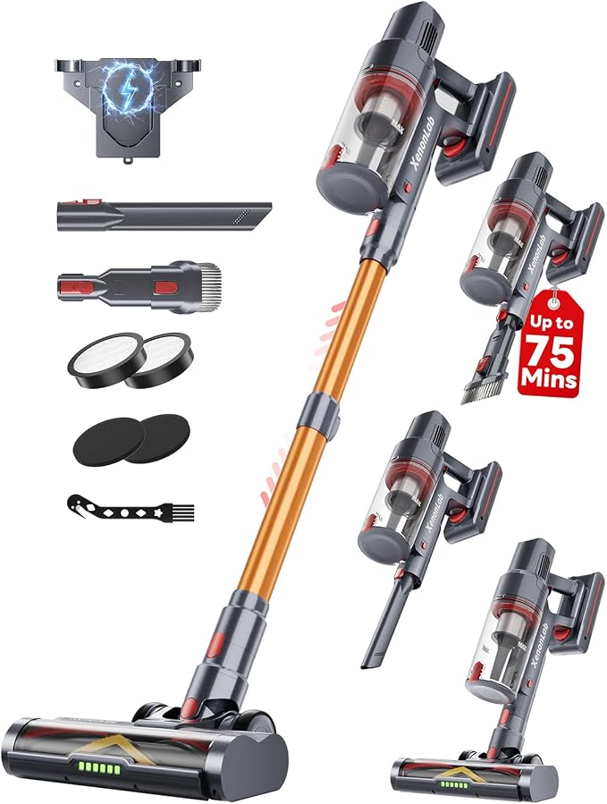Cordless Vacuum Cleaner, 75Mins/55KPa/650W, Rechargeable | Anti-Static&Anti-Tangle Brush, Extra Replacement Washable HEPA Filter, for Hard Floor, Carpet, Pet Hair, Freestanding