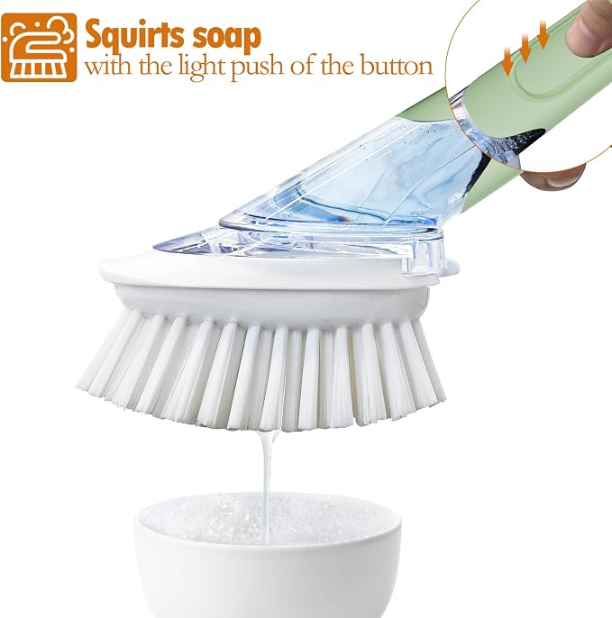 RIMAY Dish Brush with Soap Dispenser Dish Washing Brush with Handle | Soap Dispensing Dish Brush, Soap Brush for Kitchen Sink, Dish Wand Kitchen Brushes for Dishes/Pans/Pots/Sink (Green)