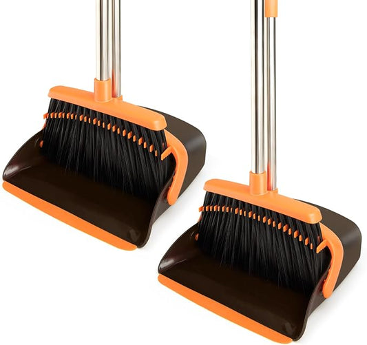 2-Pack Broom and Dustpan Combo Set, Long Handle, Brown Orange | Standing Dustpan, Heavy Dust,House Accessories for Home, Kitchen, Office, Pet Hair