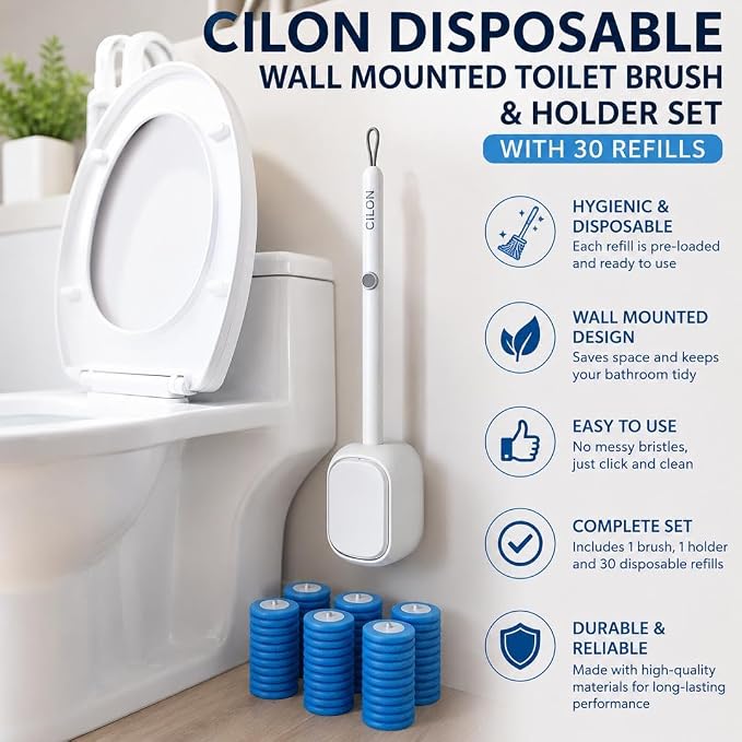 CiLoN 30 Pack Auto-Open Lid Disposable Toilet Bowl Brush & Holder System | Wall-Mounted Disposable Toilet Cleaning Set For Touch-Free Space-Saving Hygienic Modern Bathrooms (Starter Kit + 30 Sponge)