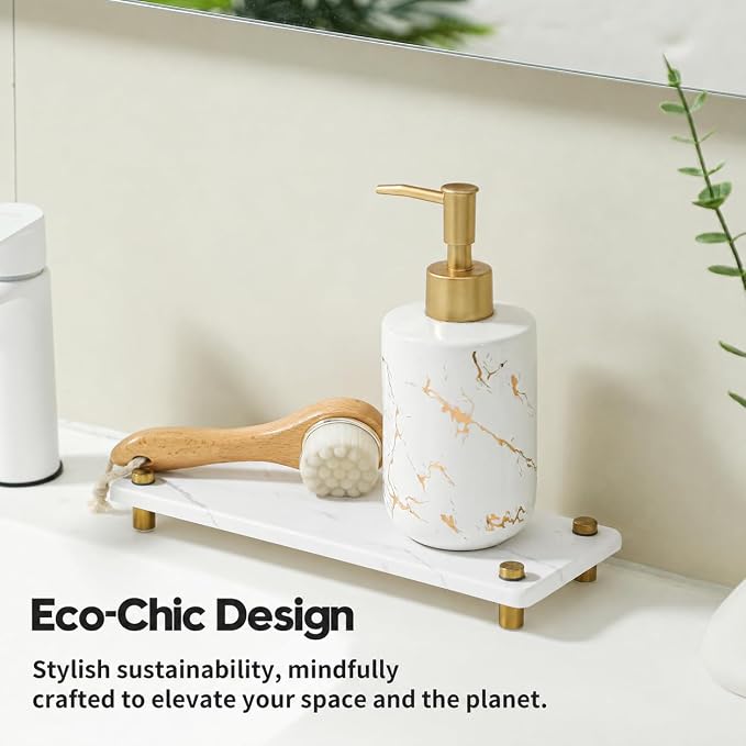 White Marble Pattern Style Water Absorbing Stone Sink Caddy, Bathroom & Kitchen Counter Organizer Tray, Faucet Drying Mat Soap Dish Rack Riser Dispenser Sponge Holder, Gold Metal Feet, 10" x 4"