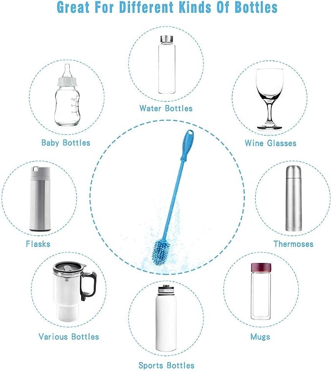 Silicone Bottle Cleaning Brush with Long Handle, Water Bottle Cleaner for Baby Bottles, Hydro Flask, Sports Bottle, Vase, Glassware, Perfect for Smaller Diameter Bottle Openings (Qty 1)