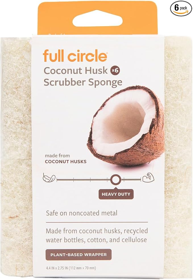 Full Circle Coconut Scrubber Sponges, Pack of 6 – Dual-Sided, Plant-Based Sponges Made with Coconut Shells, Cellulose & Recycled Materials, Safe for Nonstick Cookware