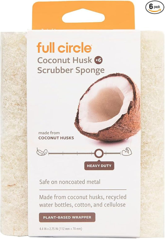 Full Circle Coconut Scrubber Sponges, Pack of 6 – Dual-Sided, Plant-Based Sponges Made with Coconut Shells, Cellulose & Recycled Materials, Safe for Nonstick Cookware