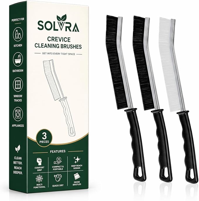 Crevice Cleaning Brush Set – 3Pcs Hard Bristle Cleaning Tools (2 Black & 1 White) for Grout, Tile Floors, Gaps & Narrow Spaces – Small Grout Scrub Brush for Bathroom, Shower, Window Tracks, Kitchen