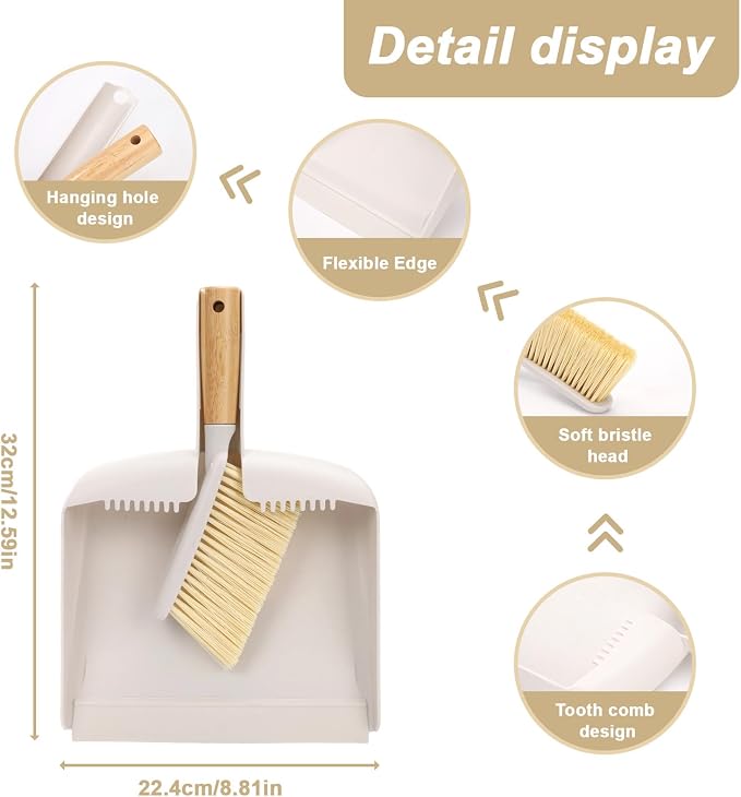 Mini Dustpan and Brush Set with Bamboo Handle, Portable Multipurpose Broom Dustpan Set with Handle Teeth, for, Desktops, Bedroom, Kitchen, Pet Care, Camping, 1 Set (White)