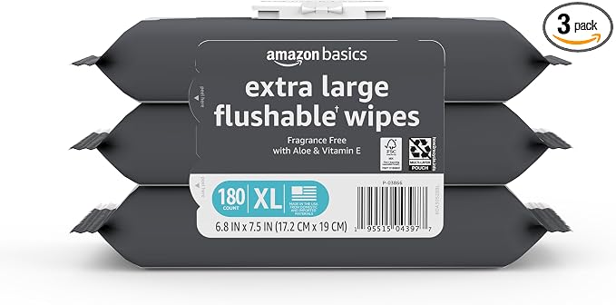Amazon Basics Extra Large Flushable Wipes, Fragrance Free, pH Balanced, with Vitamin E & Aloe, 60 Count, 3-Pack