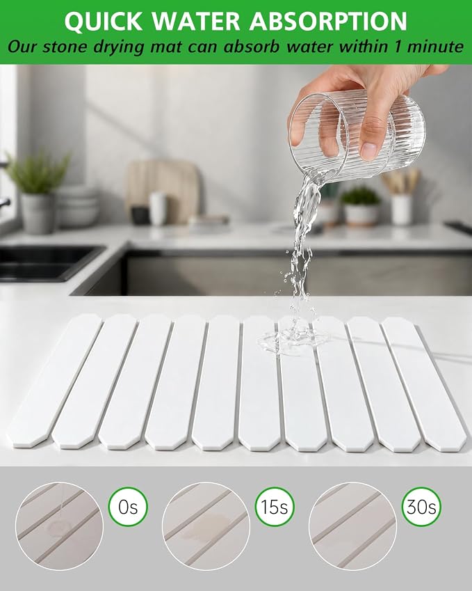 Stone Drying Mat for Kitchen Counter 16x24 Inch, Diatomaceous Dish Drying Mat with Towel Sanding Tool, Fast-Absorbing Quick-Dry Non-Slip Sink Tray