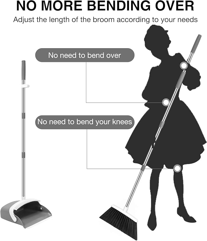 NACENA Broom and Dustpan Set with 52-in Long Adjustable Handle, Grey White | Broom Dustpan Combo with Dustpan Teeth to Automatically Clean Hair Suitable for Home Kitchen Office Hall Floor