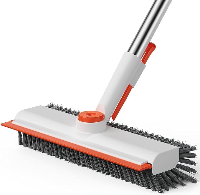 AIR U+ Floor Scrub Brush with Long Handle, 3-in-1 Rotating Head & Squeegee | Stiff Dual-Sided Bristles for Shower, Bathroom, Kitchen and Patio, Easier Stand-up Cleaning, White & Orange