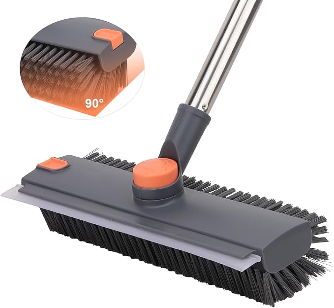 Floor Scrub Brush with 64" Long Handle - 360° Swivel Heads Household Push Brush with Squeegee and Right Angled Bristle for Cleaning Concrete Floors Grout Gardens Patio Deck Concrete Garage Heavy Duty