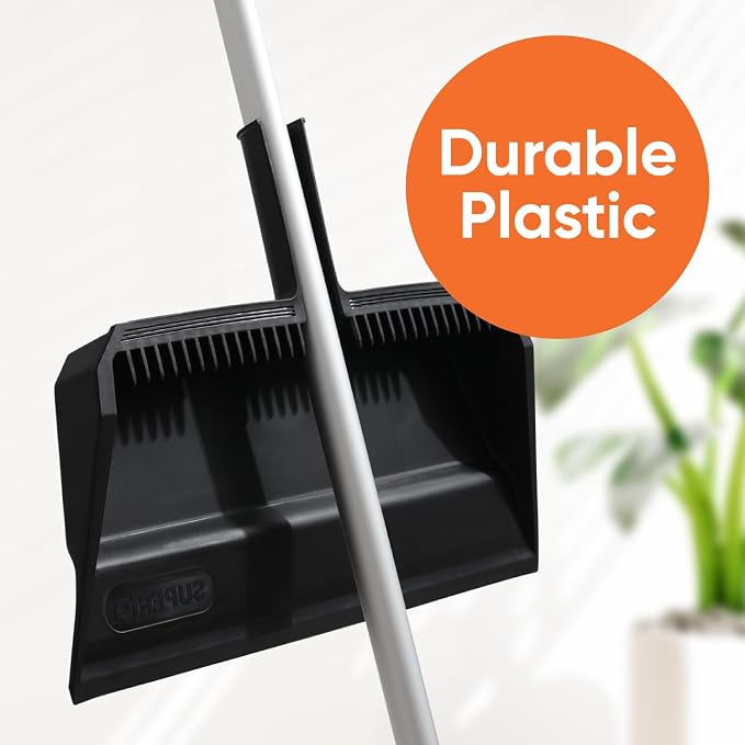 Superio Wide Plastic Dustpan with Comb - 16" Wide, Rubber Lip, Broom Handle Clip, Black