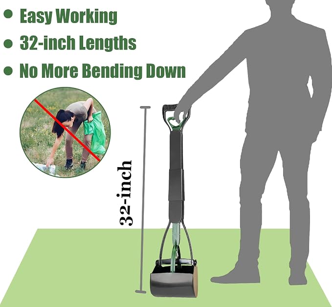 ienjoyed Pooper Scooper, Large Pooper Scooper for Dogs Heavy Duty, Dog Pooper Scooper with Long Handle & High Strength Durable Spring, Foldable Dog Poop Pick Up (32-inch) (Dark Green)