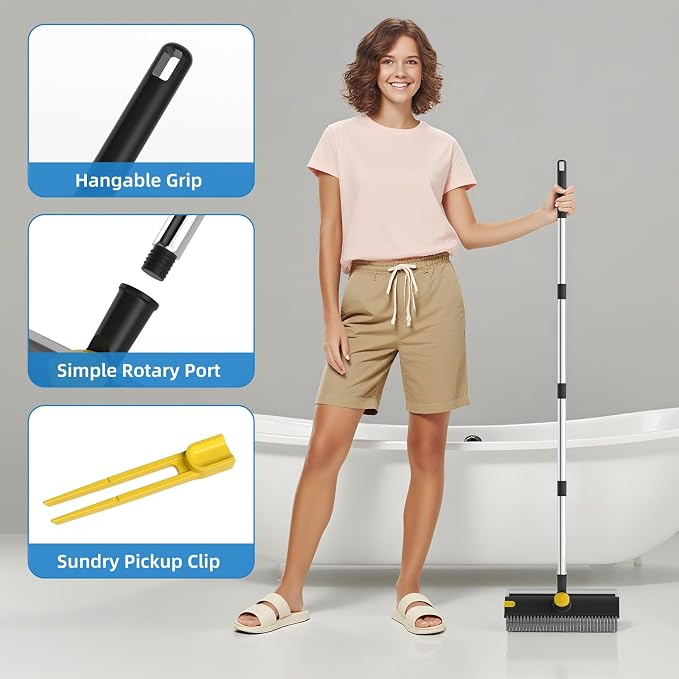 Floor Scrub Brush with Long Handle, 3 in 1 Scrape and Heavy-Duty Stiff Bristle Floor Scrubber Brush Broom with Squeegee and Tweezer for Cleaning Black