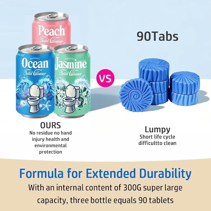 Beverage can Toilet Bowl Cleaner，,Septic ToiletBowl Tablets in Bottles，Powerfully Cleans andPrevent Stain Build Up(Ocean&Peach&Jasmine)