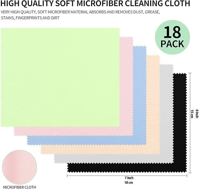 18 Pack Microfiber Cleaning Cloths (7" x 6") Multicolor Glasses Cleaning Cloth for Eyeglasses, Camera Lens, Cell Phones, Laptops, LCD TV Screens and More