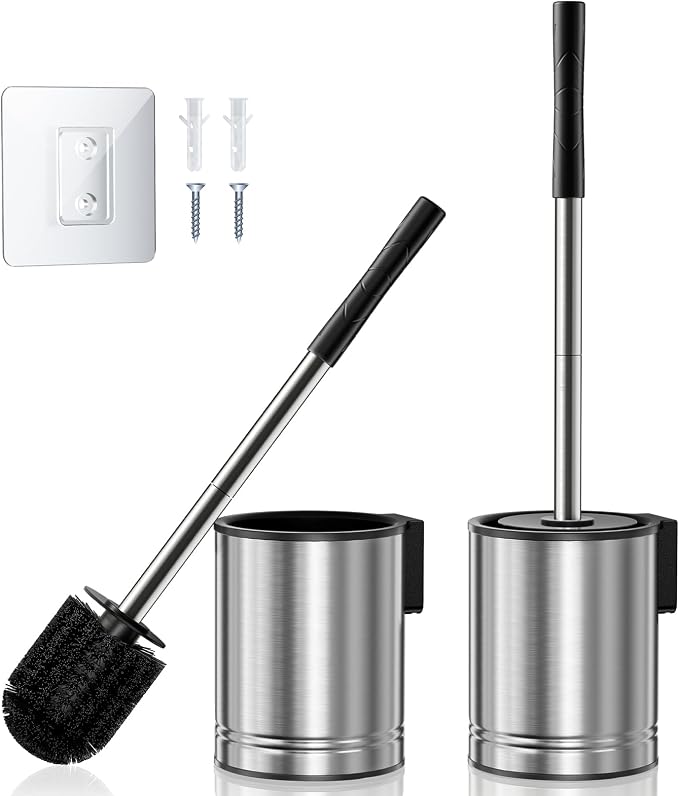 HAMITOR Toilet Brush and Holder Set: 2 Pack Stainless Steel Rustproof Kits with Deep Cleaning Bristles - Hidden Toilet Cleaner Scrubber for Homeowners - Compact Bathroom Accessories for Home RV Silver