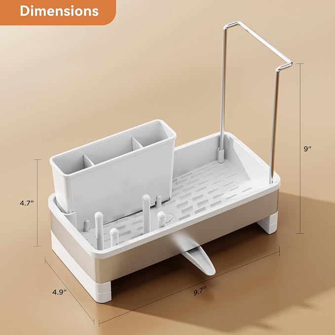 Laveshop Sponge Holder for Kitchen Sink, Rustproof Stainless Steel Sink Caddy with Auto-Drain, Removable Brush Holders, Soap and Dishcloth Organizer, White