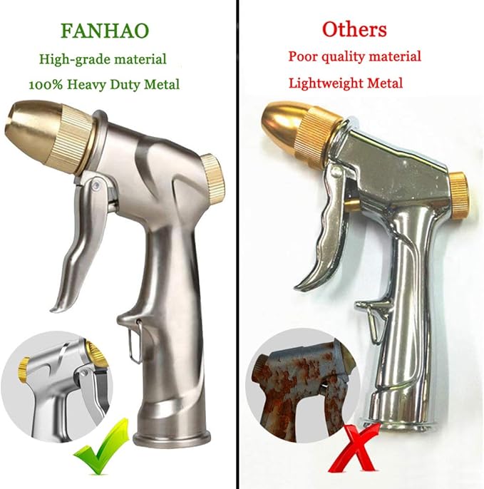 FANHAO Upgraded 100% Metal Garden Hose Nozzle Heavy Duty, High Pressure | Rustproof Water Nozzle Leak Proof, Hands-Free Lock, 4 Adjustable Patterns Sprayer for Watering Plant, Washing Car, Patio, Pet