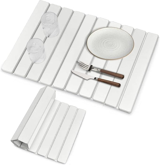 Large Stone Dish Drying Mat for Kitchen Counter, 24"(L)×16"(W), Collapsible Quick Drying Mat, Absorbent Eco-Friendly Diatomaceous Earth Mats for Dishes and Bottles, Match Any Countertop【White】