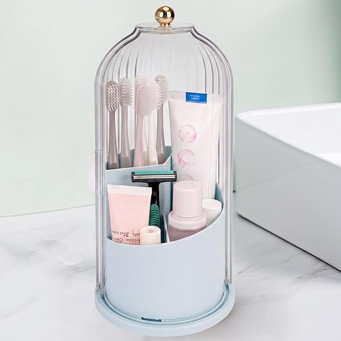 QIYVLOS Toothbrush Holders with Sliding Lid, Rotating 3 Slots Bathroom Organizer Countertop, Tooth Brush Toothpaste Holder Bathroom Counter Stand Sink Organizer Caddy for Makeup Brushes Holder (Blue)