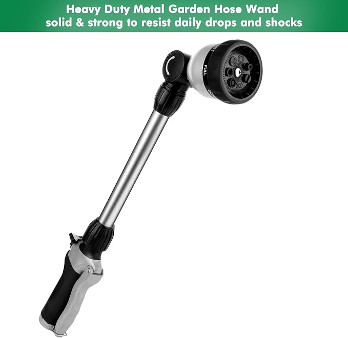 RESTMO Heavy Duty Metal Hose Wand, Watering Wand for Garden Hose | 180° Swivel Ratcheting Head, 16'' Hose Sprayer, 7 Spray Patterns, Flow Control, Ideal for Hanging Baskets & Shrubs, Black