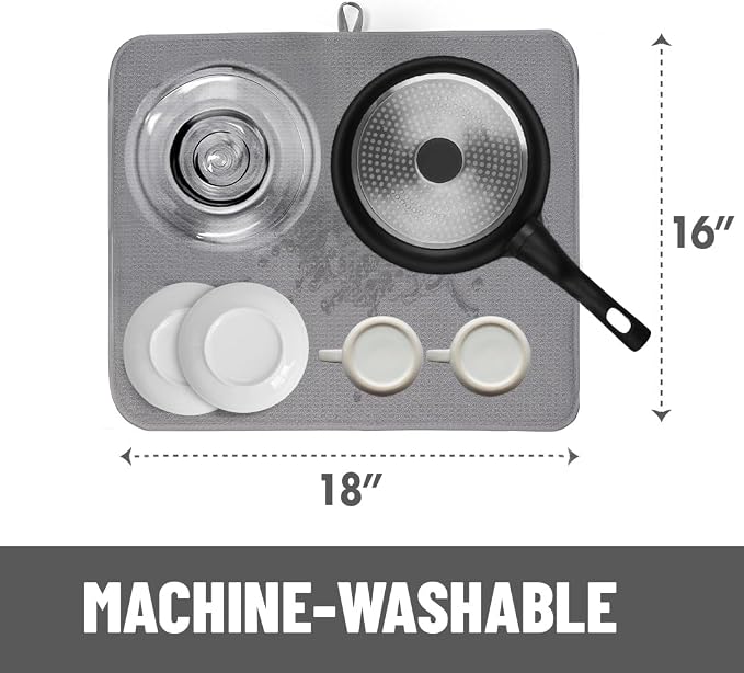 Bellemain XL Dish Mat Microfiber Dish Drying Mat, Super absorbent (Grey, 16" x 18")