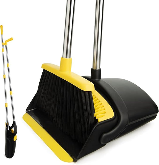 Broom and Dustpan Set,Long Handle,Black Yellow | Stand up Dustpans with Broom Combo, Indoor & Outdoor Sweeping, for Home Room Kitchen Office Lobby