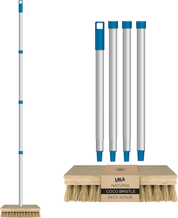 LOLA Deck Scrub Brush, 9" x 3.5" Head w/Natural Coco Bristles for Outdoor Cleaning, Removes Dirt & Grime from Patios, Decks, Grout, 1 Count