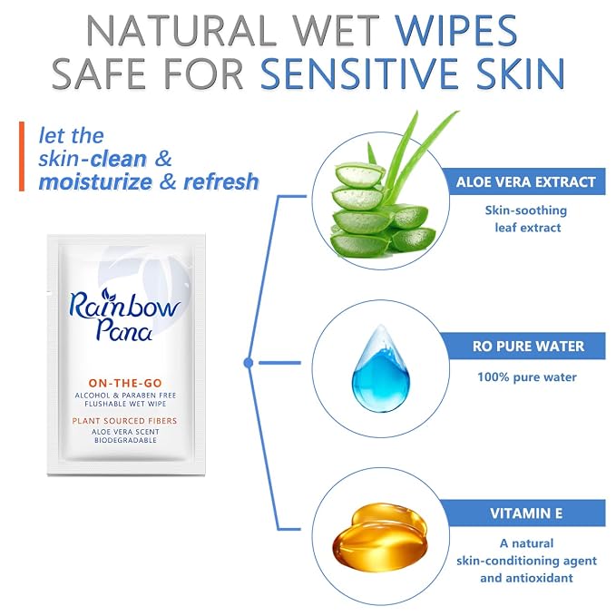 RainbowPana Flushable Wipes - 120 Count, ON-THE-GO Individually Wrapped - Travel Butt Wipes for Men and Women, Family - Infused with Vitamin E and Natural Aloe, pH Balanced, Paraben/Fragrance/Alcohol Free, 100% Plant Sourced Fibers - Cleanse and Moistu...