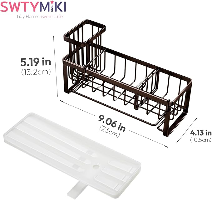 SWTYMIKI Sponge Holder for Kitchen Sink - Sink Caddy with Brush Holder Self-draining Sponge Caddy Organizer with Divider Stainless Steel Kitchen Accessories Storage for Countertop, Bronze