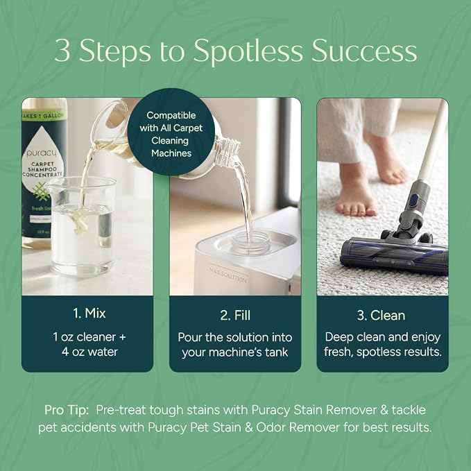 Puracy Carpet Cleaner Solution - Carpet Shampoo, Pet Stain & Odor Remover, Rug & Upholstery Cleaner, 4X Concentrated, Low Foam Shampooer Formula, Fresh Citrus, 25oz
