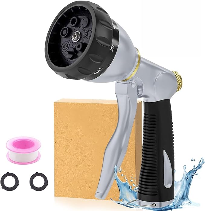Metal Garden Hose Nozzle Heavy Duty, High Pressure with 8 Patterns | Water Hose Sprayer Nozzle, Non-Slip Grip Hose Sprayer Outdoor for Watering Plants & Lawns, Washing Cars & Pets
