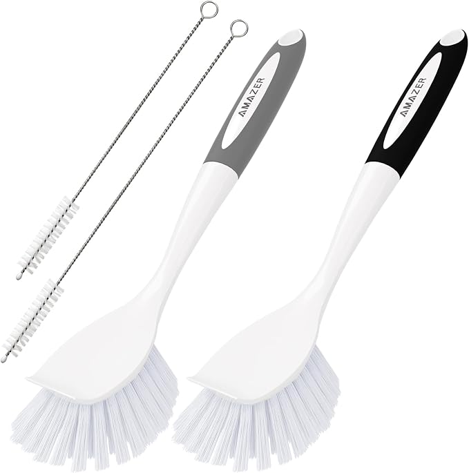 Amazer 4 Pack Dish Brush with Handle, Kitchen Scrub Brushes for Cleaning, Straw Cleaner Brushes for Water Bottle, Dish Scrubber with Stiff Bristles for Sink