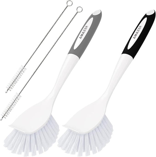 Amazer 4 Pack Dish Brush with Handle, Kitchen Scrub Brushes for Cleaning, Straw Cleaner Brushes for Water Bottle, Dish Scrubber with Stiff Bristles for Sink