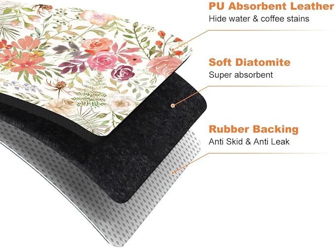 LOKHOM Dish Drying Mat for Kitchen Counter, 12"x20" Absorbent Coffee Bar Mat with Pink Roses Petals , Dish Drainer Rack Mats for Kitchen Counter Coffee Maker Coffee Pot Dining Room Decoration