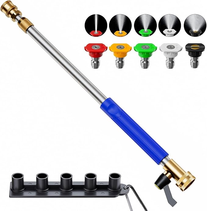 Adjustable Jet Nozzle High Pressure Hose Nozzle, 18-33” Hydro Nozzle Wands | for Garden Hose with 5 Nozzles & Hose Quick Connectors, Extended Power Washer Wand for Patio, Car, Window, Blue