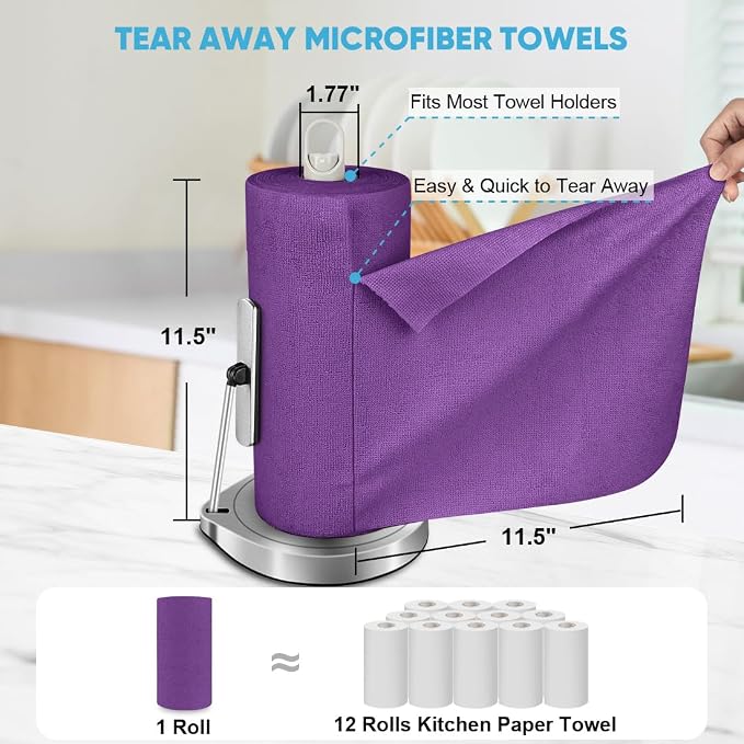 AIDEA Microfiber Cleaning Cloth Roll-75PK, Purple Paper Towels, 11.5"×11.5" | Reusable Tear Away Cloth, Microfiber Towels for Cars, Lint Free Cleaning Rags for House, Kitchen, Window, Cleaning Supplies