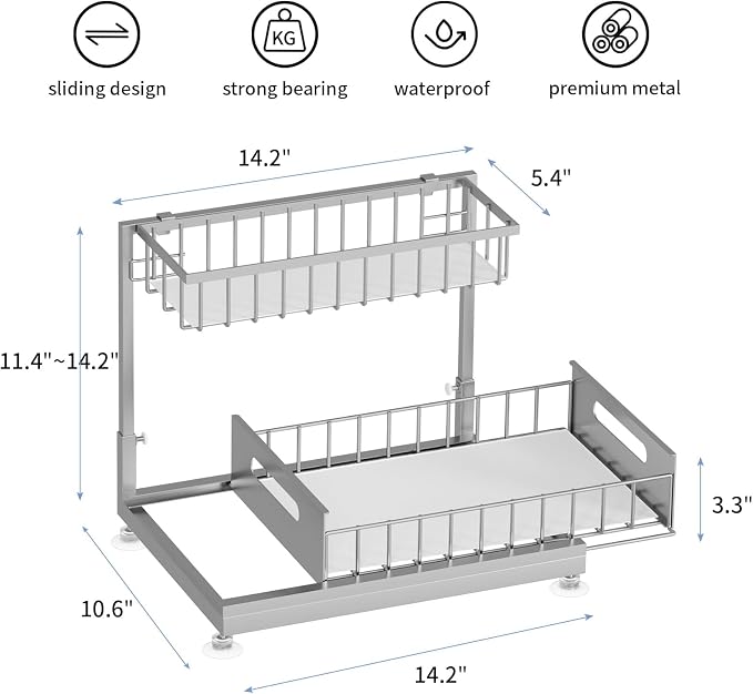 Saydear 2-Pack L-Shaped Under Sink Organizer, 2-Tier Pull-out Cabinet Rack | Grey Height-Adjustable Steel Rack, Sliding Grid Drawers with PP Liners, Holds 100 Lbs, Suction Base, Ideal Kitchen Storage