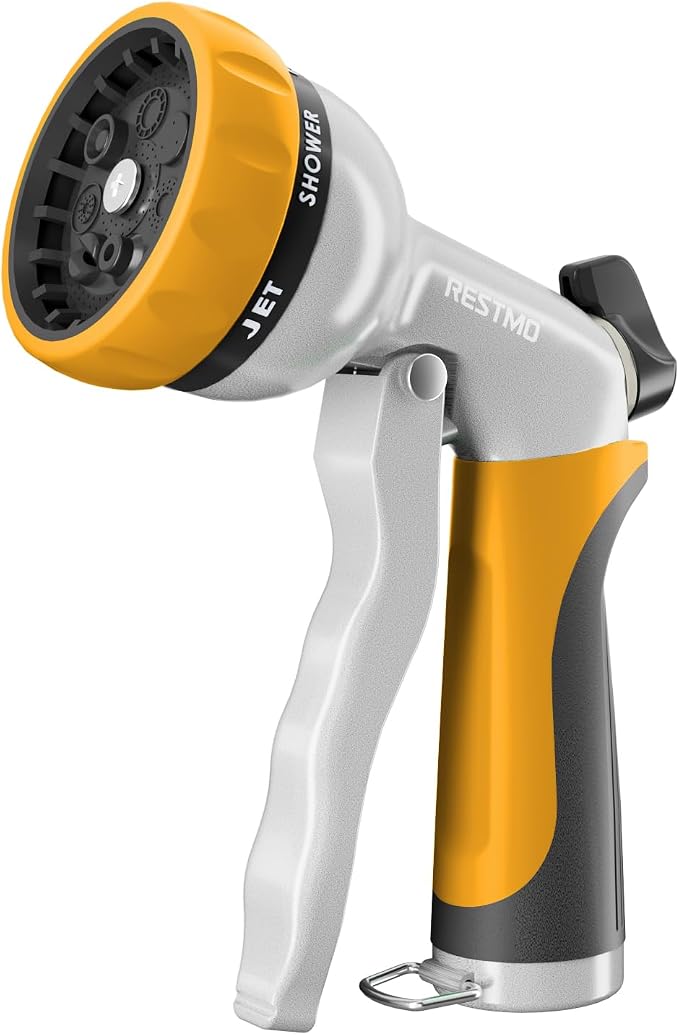 RESTMO Garden Hose Nozzle, Heavy Duty Metal Water Hose Nozzle with 7 Adjustable Spray Patterns, High Pressure Hand Sprayer with Flow Control, Best for Watering Plant & Lawn, Washing Car & Pet, Yellow