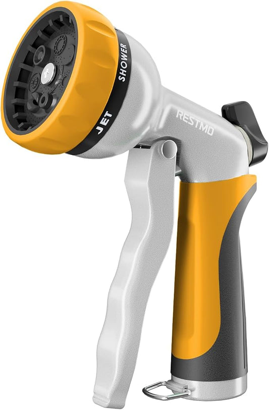 RESTMO Garden Hose Nozzle, Heavy Duty Metal Water Hose Nozzle with 7 Adjustable Spray Patterns, High Pressure Hand Sprayer with Flow Control, Best for Watering Plant & Lawn, Washing Car & Pet, Yellow