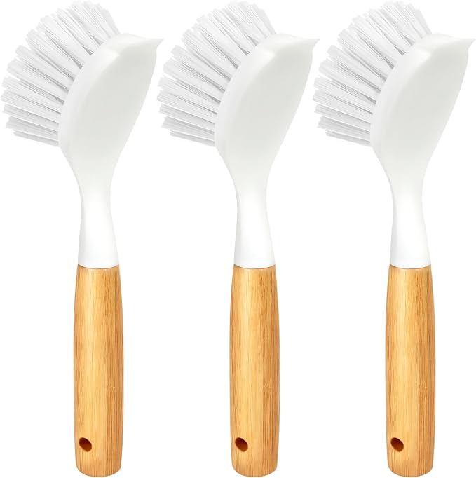 Holikme 3 Pack Dish Brush Set with Bamboo Handle, Kitchen Cleaner for Cleaning Pasta Plate, Salad Bowl, Scrubber with Soft Bristles, White