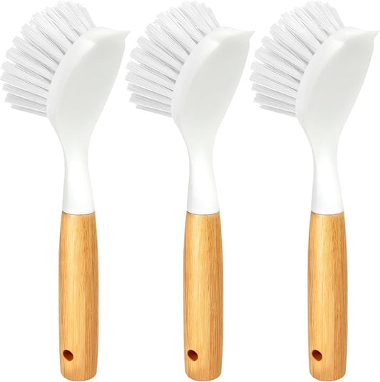 Holikme 3 Pack Dish Brush Set with Bamboo Handle, Kitchen Cleaner for Cleaning Pasta Plate, Salad Bowl, Scrubber with Soft Bristles, White