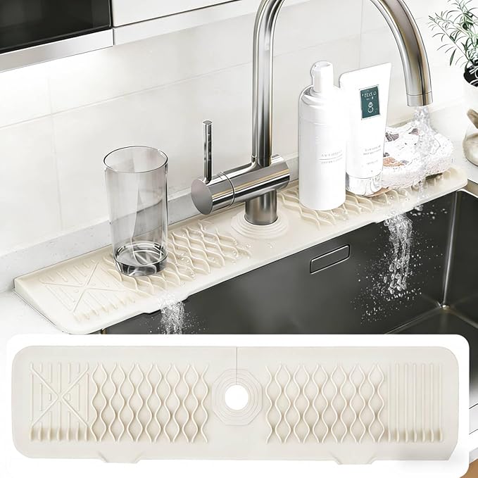 EBIGIC 24 Inch Silicone Faucet Mat for Kitchen Sink, 7° Slope Fast Self-Draining Sink Splash Guard, Kitchen Sink Water Catcher Organizer, Kitchen Sink Accessories (off-white, 24''x5.6'')