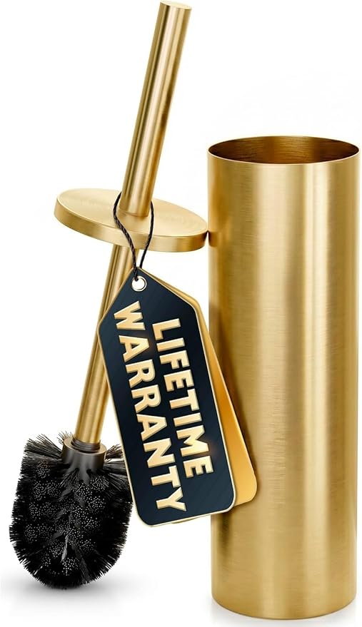 Stainless Steel Toilet Brush and Holder Set, Splash Guard (Gold) | Toilet Bowl Brush and Holder, Removable Inner Bowl, Dense Bristles, Long Handle, Scratch Resistant, for Modern Bathrooms