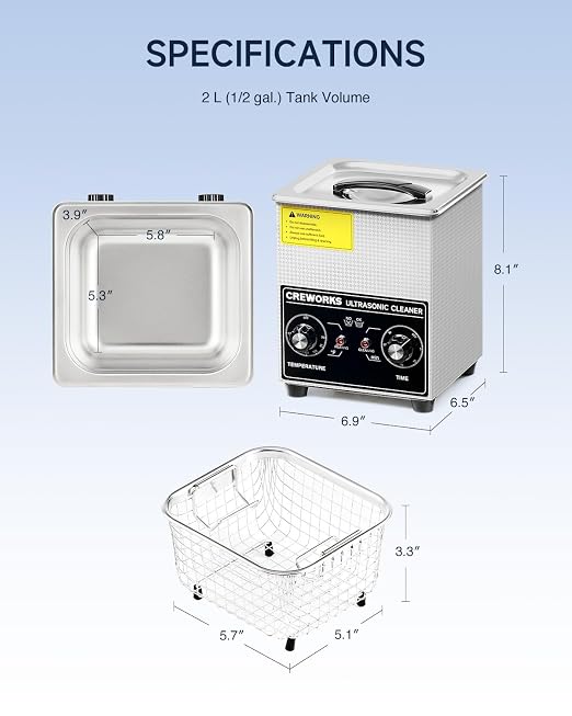 CREWORKS 2L Ultrasonic Cleaner with Heater & Timer, 60W 304 Stainless Steel Sonic Cleaner, 0.5 gal Compact Ultrasonic Parts Cleaner, Professional Lab Ultrasonic Cleaner for Jewelry Watch Coin Glasses