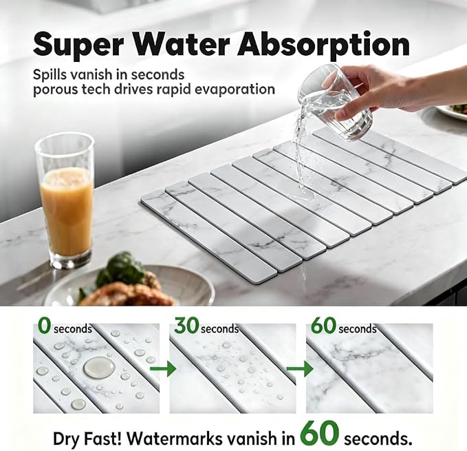 Stone Drying Mat for Kitchen Counter, Quick Diatomaceous Earth Mats for Dishes, 24"L x 16" W Super Absorbent Fast-Drying Collapsible Countertop Stone Mat (Marble White, 24" x 16")