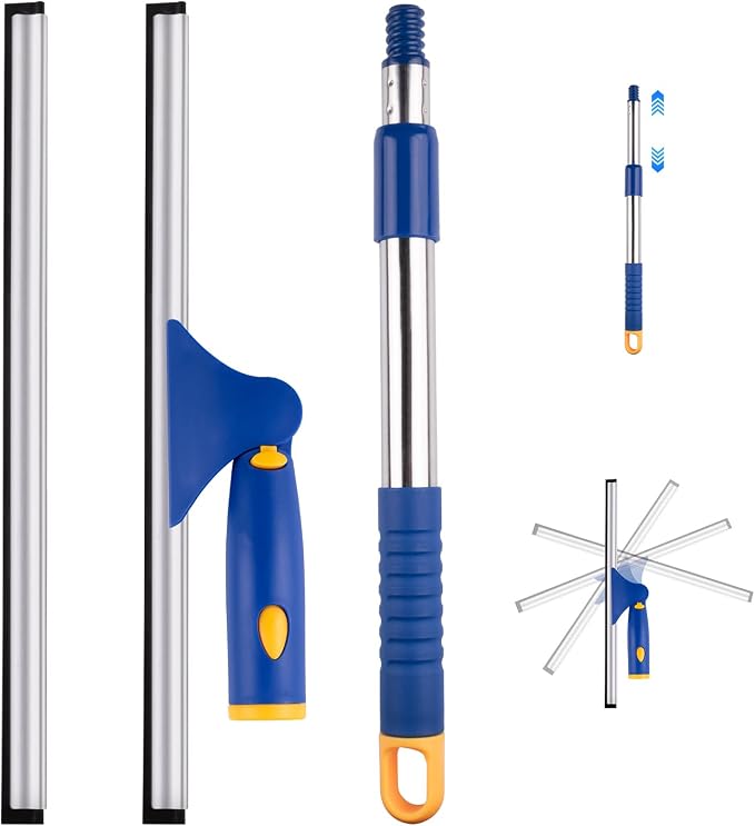 14" Window Cleaning Tool, All-Purpose Extendable Window Squeegee with 2 Blades and Stainless Steel Pole, Shower Squeegee for Glass Doors,Shower Doors, Windows, Bathroom and Car Windshields