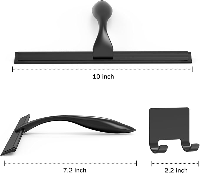 All-Purpose Stainless Steel Shower Squeegee for Shower Glass Door with Adhesive Hook, Bathroom Cleaner Tool Household Window Mirror Squeegee for Glass Doors, Cleaning Tile Wall, Car, 10 inch, Black