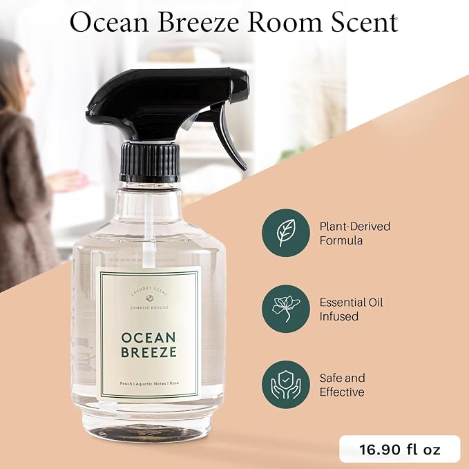 Chakra Freshener Fabric Spray - Long-Lasting Multi-Purpose Laundry Scent for Bedding, Clothes & Home Fabric Deodorizer, Luxury Room Deodorizer, Linen Spray w/Trigger, 16.9 fl oz, Ocean Breeze